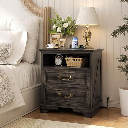 Unikito 24" Tall Farmhouse Nightstand with Charging Station, Rustic End Table with Drawer & Open Storage, Beside Table for Bedroom, Gray Oak