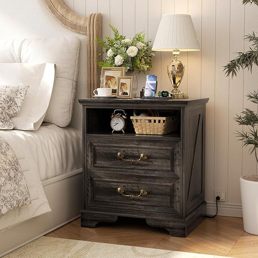 Unikito 24" Tall Farmhouse Nightstand with Charging Station, Rustic End Table with Drawer & Open Storage, Beside Table for Bedroom, Gray Oak