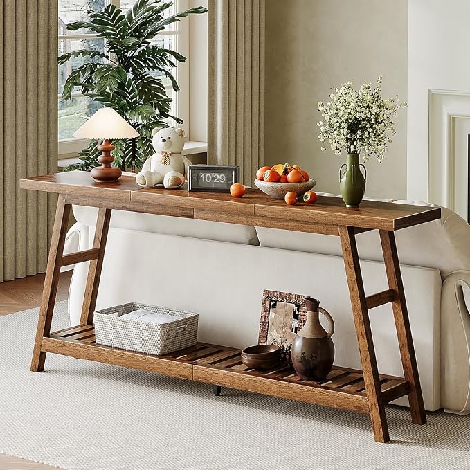 ChooChoo 70.9 Inch Long Console Tables for Entryway, Wood 2-Tier Entry Hallway Table, Narrow Sofa Table Behind Couch Table for Living Room, Entrance, Walnut