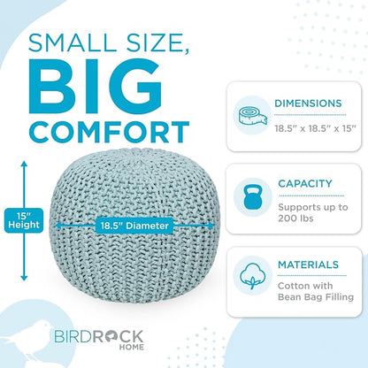 BIRDROCK HOME Round Pouf Ottoman Foot Rest - 18.5”x18.5”x15” Boho Compact Comfortable Soft Cotton Braided Foot Stool with Bean Bag Filling for Living Room, Bedroom, or Nursery (Sage Green)