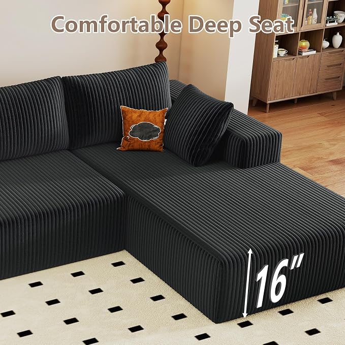95" Cloud Sectional Couch U-Shaped Chaise with Ottoman, Corduroy Boneless Couch for Living Room Bedroom, Deep-Seat Upholstered Modular Cloud Sofa, No Assembly Required (Black, Right Facing Chaise)