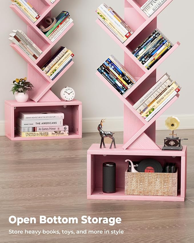 Evermagin 6 Tier Tree Bookshelf with Light, Narrow Bookcase Tower, Tall Floor Standing Book Shelf Organizer with Storage Cabinet for Living Room, Bedroom and Home Office, Pink