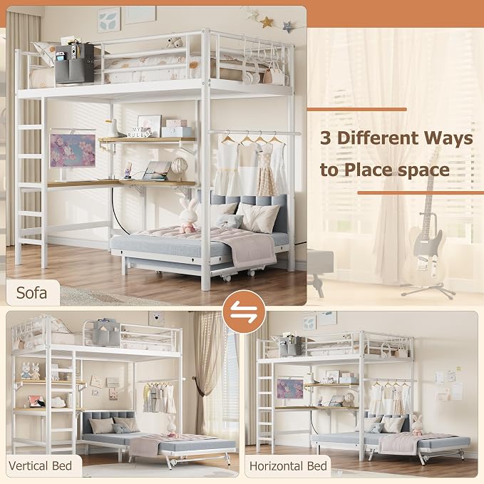 Jocoevol Twin Loft Bed with Mattress, Dual-Access Bed, Pull-Out Folding Bed & L-Shaped Desk, Heavy Duty Metal Bunk Bed Frame with Safety Guardrails, Charging Station & Adjustable Shelves (Pearl White)