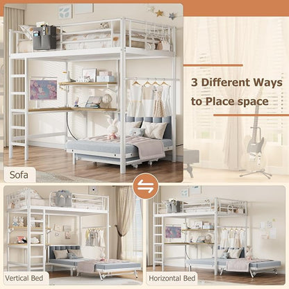 Jocoevol Twin Loft Bed with Mattress, Dual-Access Bed, Pull-Out Folding Bed & L-Shaped Desk, Heavy Duty Metal Bunk Bed Frame with Safety Guardrails, Charging Station & Adjustable Shelves (Pearl White)