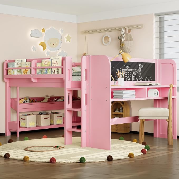 Bellemave Full Size Low loft Bed with Desk and bookcases, Boxes and Drawers for Kids,Wood Modern Farmhouse Kids Loft Bed with Shelf, Pink