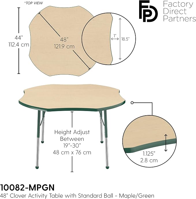 Factory Direct Partners 10082-MPGN Clover Activity School and Office Table (48" x 48"), Standard Legs with Ball Glides, Adjustable Height 19-30" - Maple Top and Green Edge