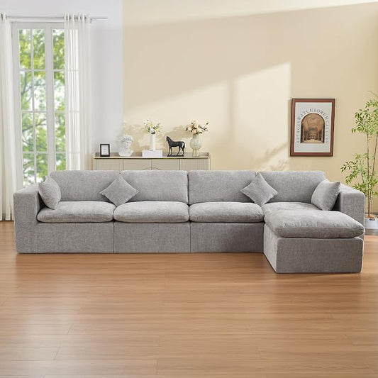 146''Cloud Boneless Sectional Couch, Modular Sectional Sofa Deep Seat with Ottoman, Oversized Upholstered Convertible Comfy 5 Seater Chenille Sofa L Shape Couches for Living Room, Light Grey