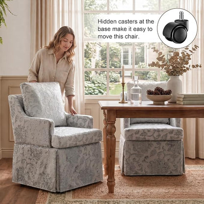 UVV Upholstered Dining Chairs Set of 4, Modern Jacquard Kitchen Chair Dining Room Chair with 4 Casters, Linen Armchair for Bedroom Reading Room Living Room, Silvery White