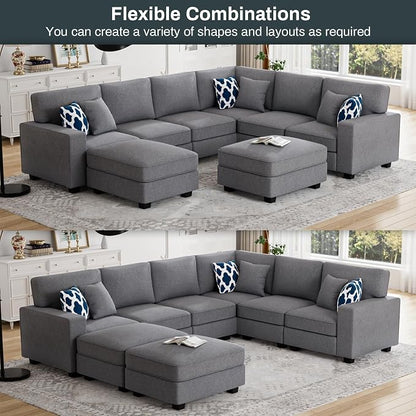Legend Vansen Oversized Modular Sectional Sofa,U/L‑Shaped Reversible Couch with Ottoman,Deep Seat Plush Polyester Sofa for Living Room,8‑Seater,Dark Grey