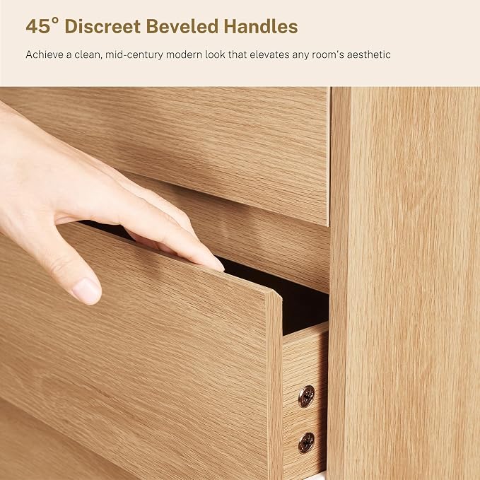 TEENFON Tall Dresser for Bedroom with 6 Drawers, 49.2" Tall Dressers & Chest of Drawers with Curved Profile Design, Wood Closet Storage Dressers Organizer for Bedroom, Living Room, Natural