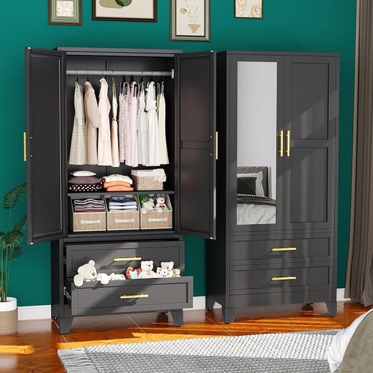 erosoei Metal Armoire Wardrobe Closet, 71 "Metal Clothing Storage Cabinet | with Mirror and Adjustable Shelves, Household Steel Wardrobe Storage Cabinet with 2 Drawers and Hanging Rod(Armoire-Black)