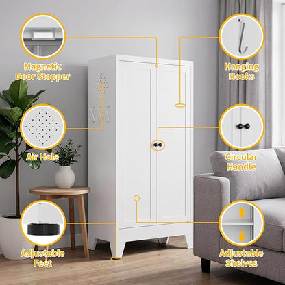 Metal Pantry Cabinet, Kitchen Pantry Storage Cabinets with 2 Doors and 3 Adjustable Shelves, White Kitchen Pantry Cabinet for Dining Room, Living Room, Assemble Required (White)
