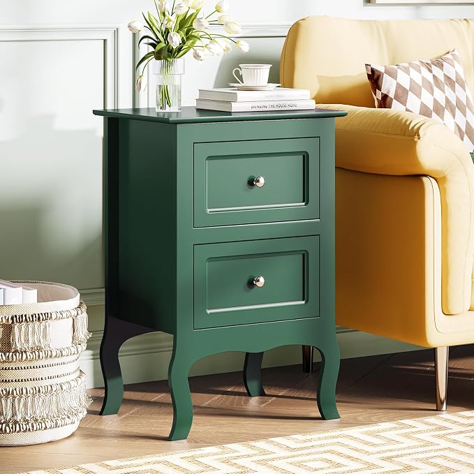 Bonnlo Green Nightstand with Drawers for Bedroom, Green Night Stand Bedside Table for Small Spaces, Kids Room, Living Room, Dorm, French, 15.75" W x 11.8" D x 23.6" H