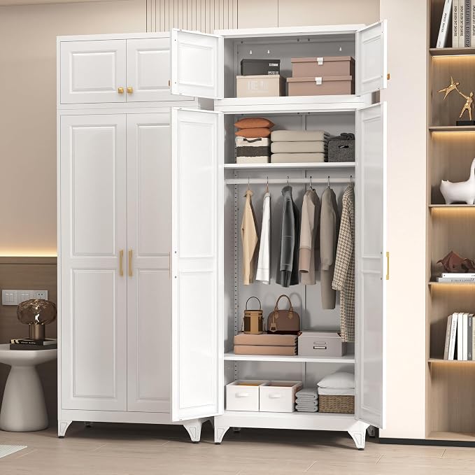 86" Metal Wardrobe Cabinets,Armoire Wardrobe Closet with Hanging Rod,Clothes Storage Cabinet with Adjustable Shelves and Doors,Clothing Cabinet for Bedroom, Laundry Room,Office