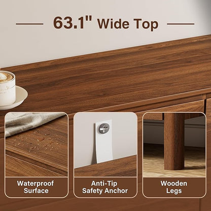 Furniway Walnut Mid-Century Modern 3 Piece Bedroom Furniture Set, 9 Drawer Dresser with Handleless Wood Grain Design and Nightstands Set of 2, Minimalist Storage Dresser for Bedroom