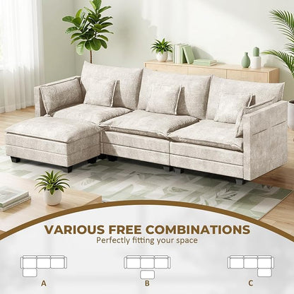 LEVELEVE 112.5" L-Shape Modular Sofa with 1 Ottomans, Deep Seat Cloud Convertible Sleeper, 3 Throw 2 Arm Pillows, Comfortable Upholstered Furniture for Living Room Apartment, Beige