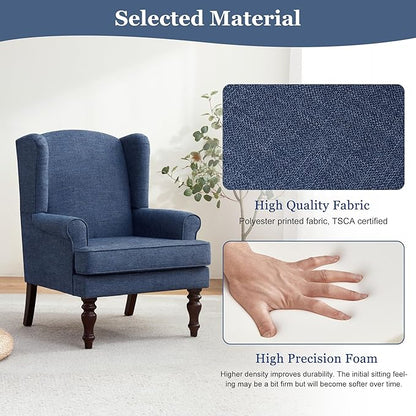 HUIMO Printed Wingback Accent Chair, Linen Upholstered High Back Armchair, Comfy Reading Chair for Living Room Bedroom Study, 300lbs Weight Capacity (2, Navy Blue)