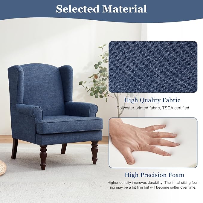 HUIMO Printed Wingback Accent Chair, Linen Upholstered High Back Armchair, Comfy Reading Chair for Living Room Bedroom Study, 300lbs Weight Capacity (1, Navy Blue)
