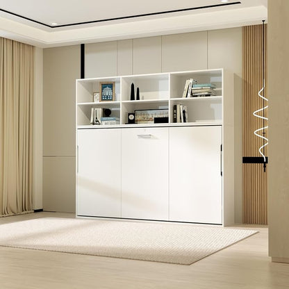 Twin Size Flipping Murphy Bed Cabinet with Shelf Storage, Modern Hideaway Beds, Wall Bedframe for Bedroom,Space-Saving, Noise Free, White