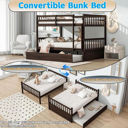 Harper & Bright Designs Convertible Wood Full-Over-Full Bunk Bed with Trundle and Ladder - Can Be Divided Into Two Platform Beds, Espresso