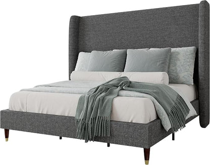 Jocisland King Size Bed Frame 51.2" Wingback Headboard Linen Upholstered Platform Bed,Solid Wood Legs & Wooden Slats,No Box Spring Needed,Noise-Free,for Family Master Suite Cozy Home,Dark Grey