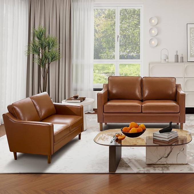 Kingfun 60" Faux Leather Sofa, Loveseat Couch, Mid Century Modern Love Seat Couches with Solid Wood Frame for Living Room Bedroom