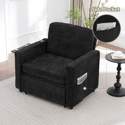 3 in 1 Folding Convertible Sleeper Sofa Bed Pull Out Couch with Side Pockets USB Port Side Table Single Sofa Bed with Adjustable Backrest for Living Room Bedroom 66" Black 1 SEAT