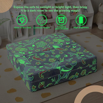 MeMoreCool Mermaid Glow-in-the-Dark Kids Play Couch, Denim Mermaid Modular Toddler Couch for Girls, Convertible Foam Sofa Bed for Playroom Bedroom, 220 lbs Capacity