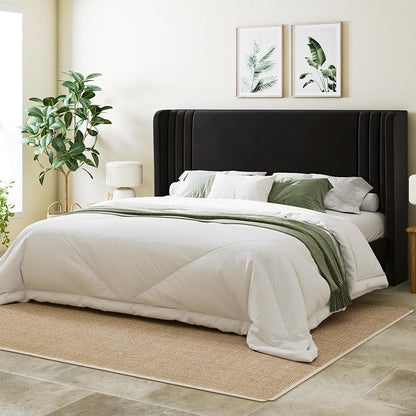 Allewie King Size Velvet Platform Bed Frame with Vertical Tufted Wingback Headboard, Easy Assembly, Under Bed Storage, No Box Spring Required, Modern Style, Black