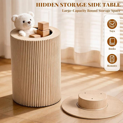 24" Fluted End Table Reversible, Hidden Storage, Natural Oak | Mid Century Modern Nightstand, Bedside Table, Cylinder Side Table, Pre-Threaded MDF, for Bedroom Living Room Office