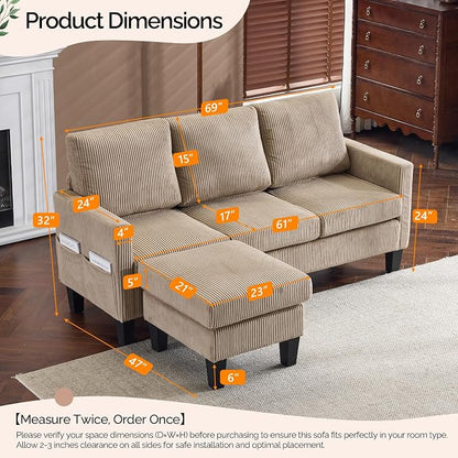VINGLI 68.5' L Shaped Couch with Movable Storage Ottoman, Convertible Sectional Sofa in Soft Corduroy Fabric, Modern Reversible Chaise Couch for Small Spaces, Apartment, Living Room，Khaki