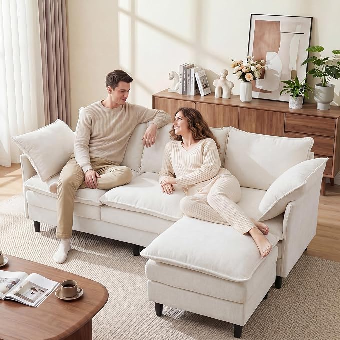 3 Seater L-Shape Couch Sofa with Ottoman, 69" Small Couch Modern Comfy Cloud Chenille Sofa 23" Deep with Washable Pillow Cover Couches for Living Room Bedroom Apartment Office 69-Beige-L