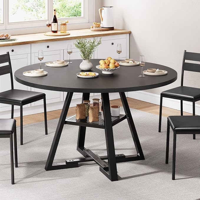 Jocoevol Round Dining Table for 4,Kitchen Dining Room Circle Dinner Pedestal Table,Space Saving Wood Kitchen & Dining Room Furniture (Black, 47In)