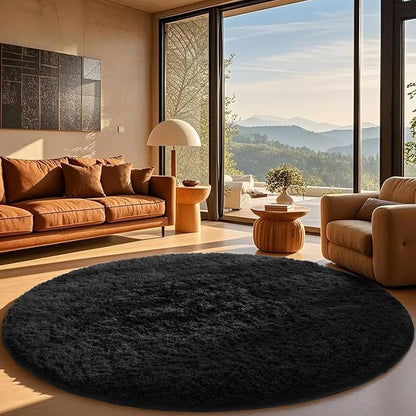 Ophanie Round Rug 8Ft Black Circle Area Rug, Room Decor for Men, Fluffy Fuzzy Bedroom Carpet, Plush Soft Shaggy Living Room Rugs for Kids Home Aesthetic, Nursery with Over 99 pcs Pile fibers