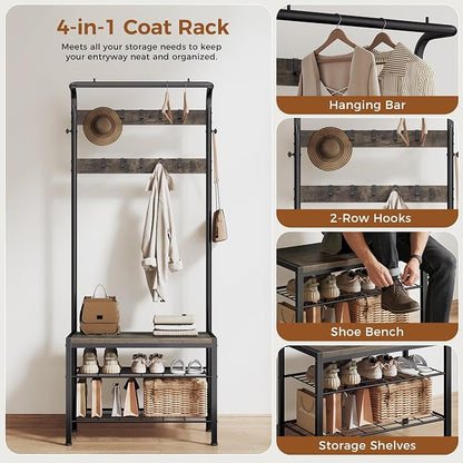 NEWBULIG Coat Rack, Hall Tree with Shoe Bench, 4-in-1 Entryway Organizer with 10 Hooks and Storage Shelf, Rustic Wood Entryway Bench for Mudroom, Living Room, Bedroom, Grey