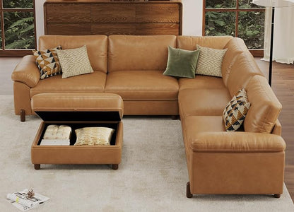 SITJOY Large Cloud Couch, 106" Wide 5 Seater V Shape, Faux Leather in Brown | Pet-Friendly Scratch-Resistant Leather Sectional Sofas for Living Room, Deep Seat Wide Couch with Chaise, Storage Ottoman