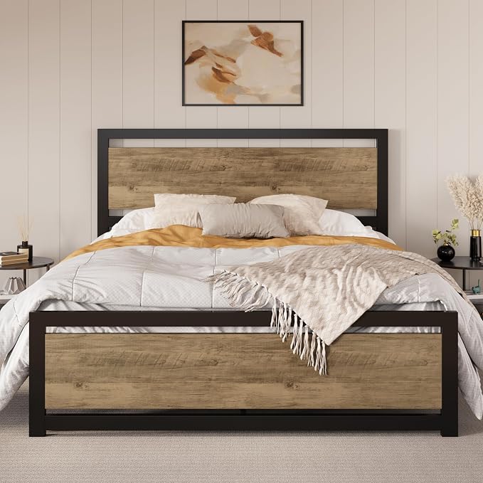 SHA CERLIN Heavy Duty Full Size Bed Frame with Modern Headboard，Brown | Platform Metal Base with Square Footboard and 13 Strong Slats Support, No Box Spring Needed