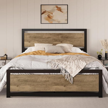 SHA CERLIN Heavy Duty Queen Size Bed Frame with Modern Headboard，Brown | Platform Metal Base with Square Footboard and 13 Strong Slats Support, No Box Spring Needed