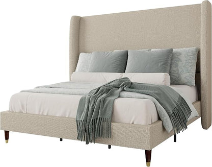 Jocisland Full Bed Frame 51.2" Wingback Headboard Linen Upholstered Platform Bed,Solid Wood Legs & Wooden Slats,No Box Spring Needed,Noise-Free,for Teen Room Small Bedroom Cozy Home,Brown