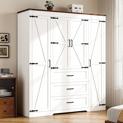 4 Doors Wardrobe Armoire Closet with Drawers, Farmhouse Wooden Armoire Storage Cabinet with Adjustable Shelves & Hanging Rod, 70" Freestanding Clothing Storage Cabinet for Bedroom, White