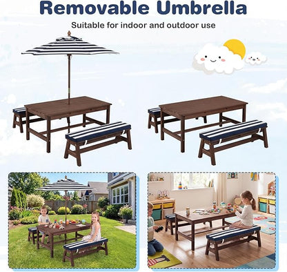 Costzon Kids Picnic Table, Fir Wood Toddler Outdoor Table & Bench Set w/Removable Umbrella & Cushions, Stripe Fabric, Kids Outdoor Furniture for Patio Backyard Garden, Fits 4 Children Age 3+ (Blue)