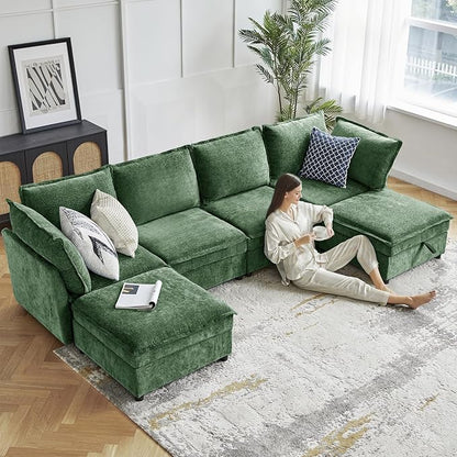 HULALA HOME 127'' Modular Sectional Sofa, Oversized U Shaped Couch with Storage Ottoman, Comfy Chenille Sofa with Deep Seat, 6 Seat Convertible Couches for Living Room, Green