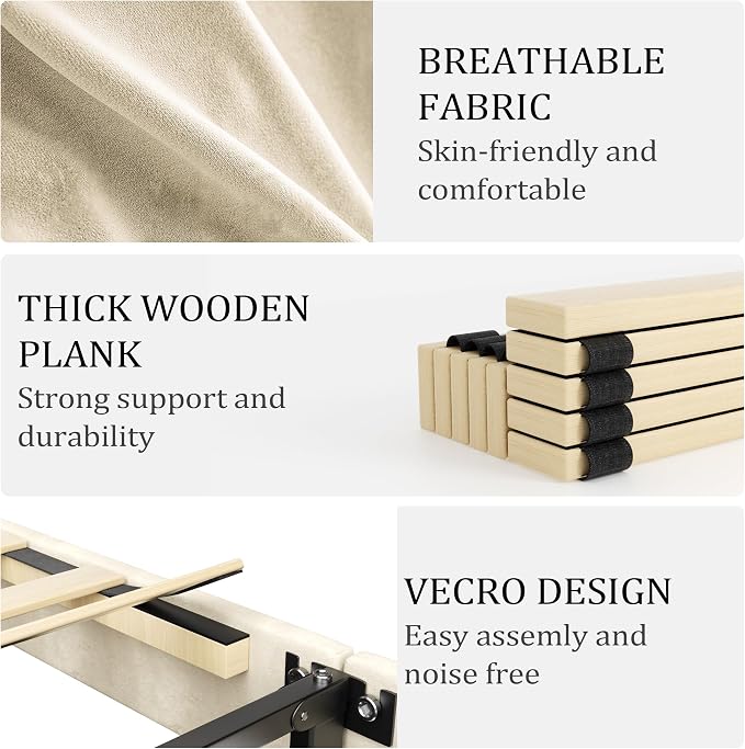Sismplly Queen Bed Frame with Headboard,Bed Frame Queen Size Vertical Channel Tufted Wingback No Box Spring Needed, Mattress Foundation, Easy Assembly, Beige