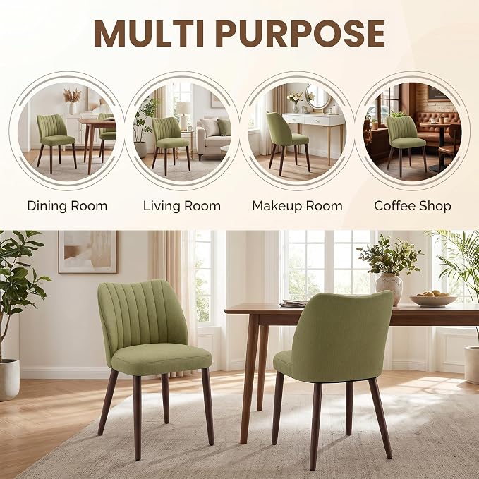 Upholstered Dining Chairs Set of 2, Modern Fabric Dining Chairs with Curved Backrest & Solid Rubber Wood Legs, Padded Kitchen Dining Room Chairs for Restaurant Cafe, Green
