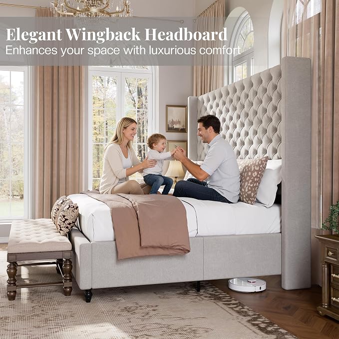 Jocisland Queen Size Bed Frame with 63" Tall Headboard, Upholstered Wingback Platform Design, Handcrafted Pleats & Deep Button Tufted, Solid Wood Legs, No Box Spring Needed, Ash White