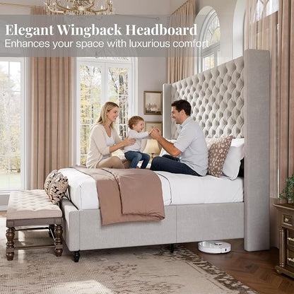 Jocisland Queen Size Bed Frame with 63" Tall Headboard, Upholstered Wingback Platform Design, Handcrafted Pleats & Deep Button Tufted, Solid Wood Legs, No Box Spring Needed, Ash White