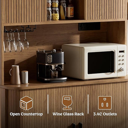 Lulive 71" Tall Pantry Cabinet with Rolling & Sliding Doors, 39" Wide Kitchen Storage Cabinet with Charging Station and Open Countertop, Modern Kitchen Pantry Cabinet for Dining Room, Walnut