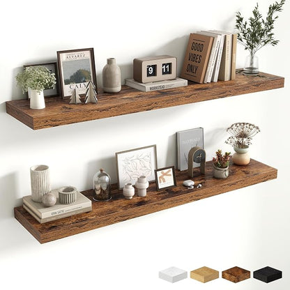 48 Inch Floating Shelves for Wall - 10 Inch Deep Fireplace Mantel Shelf - Wood Floating Shelf for Wall - Large Storage Shelves Wall-Mount for Living Room & Bedroom - Rustic Brown - Set of 2