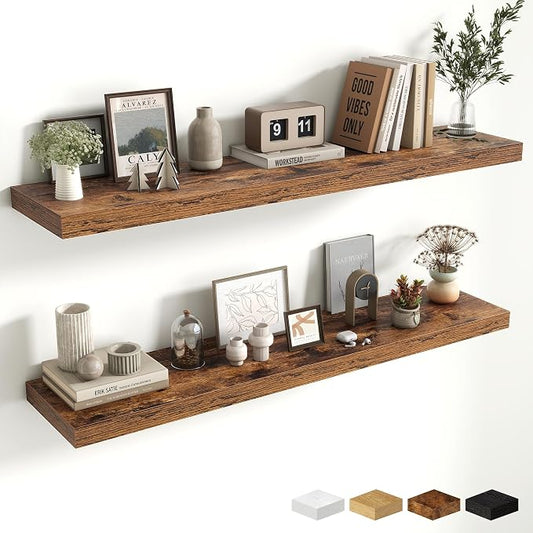 48 Inch Floating Shelves for Wall - 10 Inch Deep Fireplace Mantel Shelf - Wood Floating Shelf for Wall - Large Storage Shelves Wall-Mount for Living Room & Bedroom - Rustic Brown - Set of 2