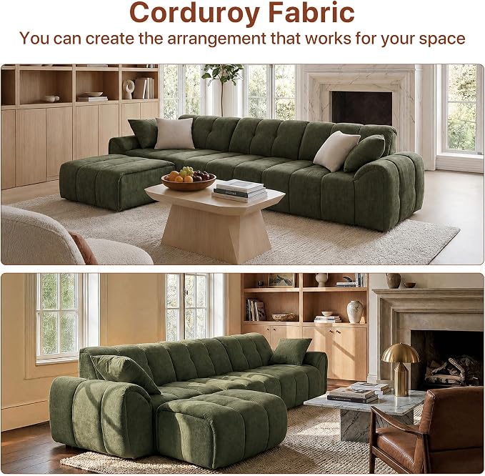 Claiks 118" Modern Boneless Couch, Corduroy Modular Cloud Sofa for Living Room, Deep Seat Sectional with Movable Ottoman, No Assembly Required, Green